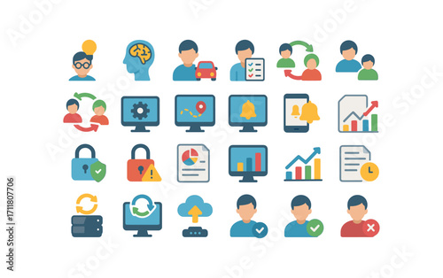 colorful flat vector icons Reseller Program (Advanced) reseller smart reseller ai reseller auto reseller manual reseller synced reseller unsynced reseller monitor reseller track reseller.