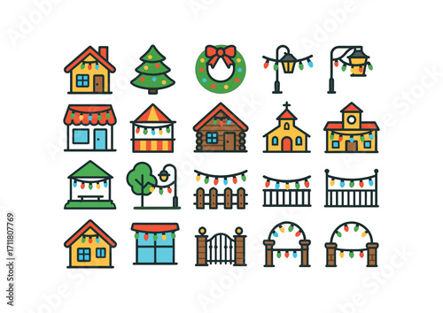 colorful flat vector icons Christmas Lights (Scenes) house lights tree lights wreath lights street lights shop lights market lights cabin lights lodge lights barn lights hall lights stage.