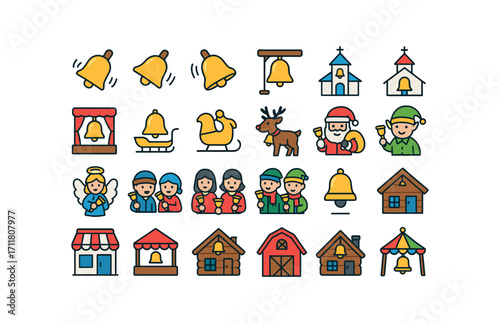 colorful flat vector icons Christmas Bells (Scenes) bell ringing bell swinging bell shaking bell hanging bell tower bell church bell hall bell stage bell parade bell sleigh bell reindeer.