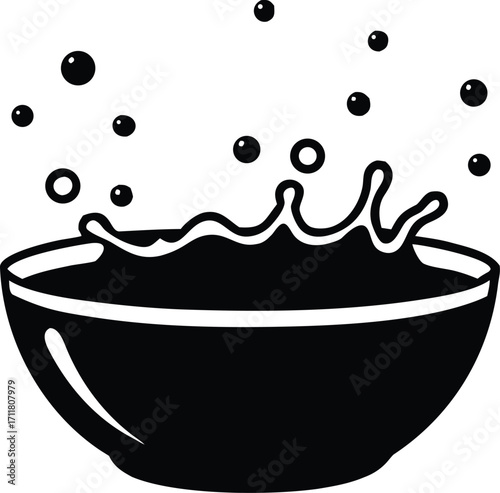 a bowl of liquid splashing upwards with bubbles and droplets silhouette vector illustration