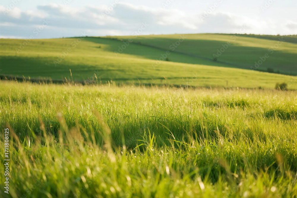 Fototapeta premium Vast green grassland under a clear sky with gentle sunlight
