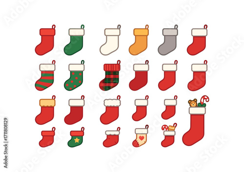 colorful flat vector icons Christmas Stockings (Types) red stocking green stocking white stocking gold stocking silver stocking striped stocking polka stocking plaid stocking knitted.
