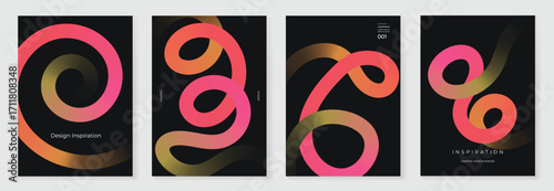 Autumn gradient poster on dark background vector set. Minimalist cover template with colorful geometric shape in different shape. Ideal design for social media, banner, autumn season card.