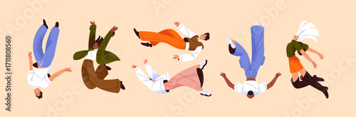 People are flying, falling upside down set. Men and women are jumping, soaring in the sky. Free girls and boys are floating in air. Freedom and inspiration concepts. Flat isolated vector illustrations