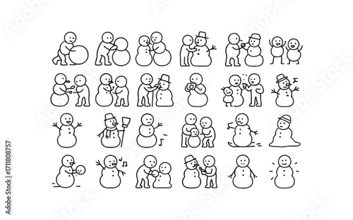 vector outline icons Snowmen (Scenes) snowman rolling snowman stacking snowman shaping snowman decorating carrot placing button placing stick placing hat placing scarf tying broom adding.
