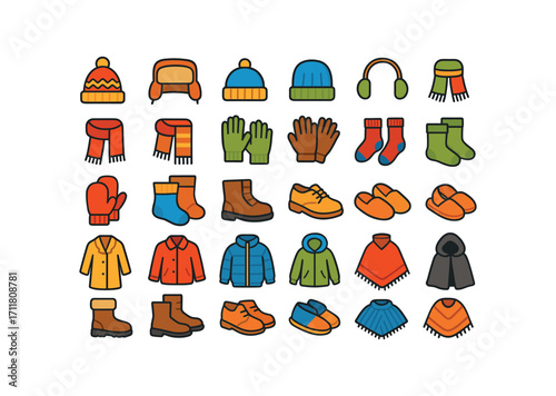 colorful flat vector icons Winter Clothes (Accessories) wool hat fur hat knit cap earmuffs pair scarf long scarf short gloves wool gloves leather mittens red mittens blue socks thick socks.