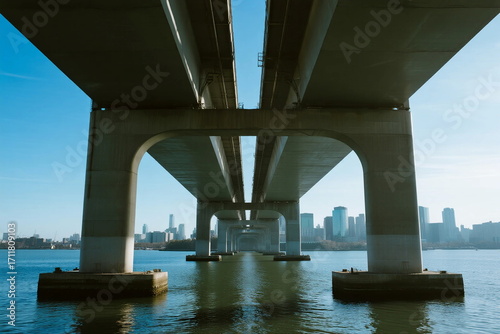 Underwater view of a modern bridge spanning over a river with cityscape in the background