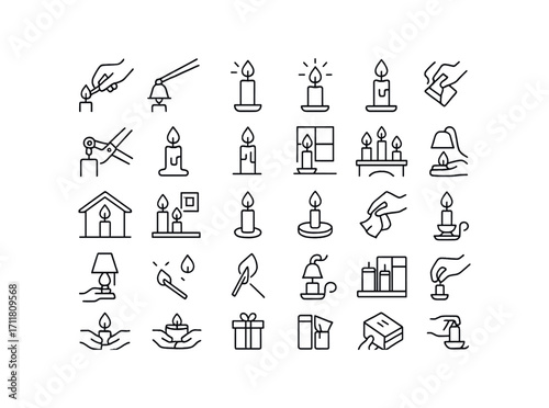 vector outline icons Candles (Scenes) candle lighting candle snuffing candle burning candle glowing wick trimming wax pooling wax dripping wax cooling lantern placing altar lighting window.