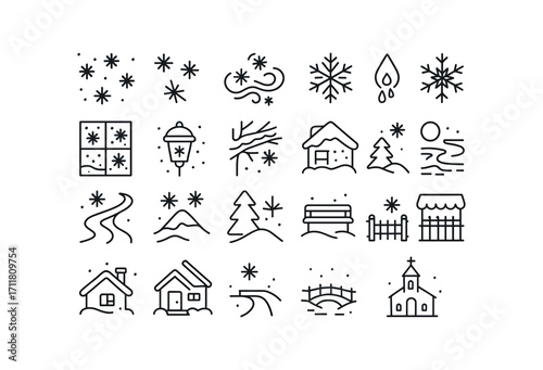 vector outline icons Snowflakes (Scenes) snow falling flake drifting flake swirling flake piling flake melting flake freezing window frost lamp frost branch frost roof frost road ice lake.