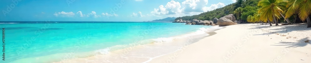 Obraz premium Sun-drenched beach, turquoise water laps gently at the shore, white sand sparkles under the summer sky Perfect for travel, vacation, or summer themed projects , coastline, beach