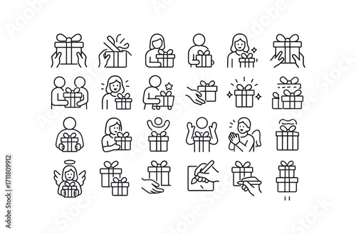 vector outline icons Gifts (Scenes) gift wrapping gift opening gift hiding gift gifting gift sharing gift surprising gift decorating gift storing gift carrying gift buying gift selling gift.