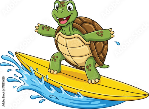 Happy cartoon turtle surfing on yellow surfboard, splashing water waves, playful marine animal, ocean adventure, summer fun, smiling sea turtle, water sports, cheerful wildlife character