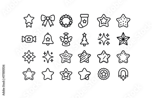 vector outline icons Stars (Decorations) star ribbon star bow star wreath star stocking star gift star cookie star candy star bell star angel star tree star glitter star crystal star.