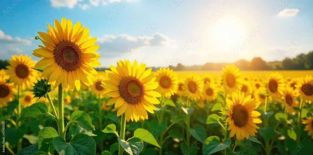 Fototapeta premium A vibrant field of sunflowers basking in sunlight, symbolizing the clean and sustainable power of renewable energy from nature's bounty , harvest, eco-friendly