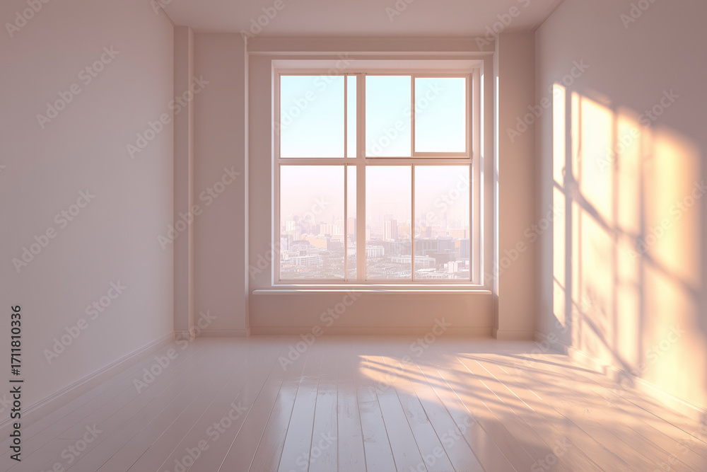Fototapeta premium Empty Bright Room with Large Window and Sunlight 