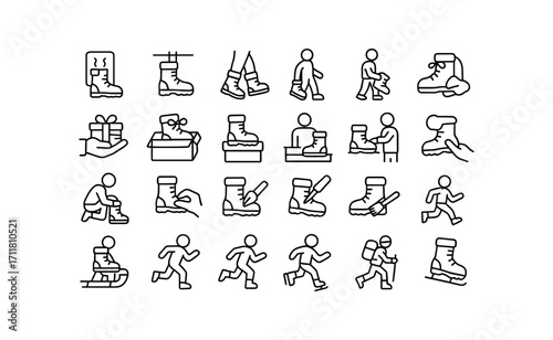 vector outline icons Snow Boots (Scenes) boot drying boot hanging boot wearing boot carrying boot gifting boot storing boot selling boot buying boot tying boot lacing boot untying boot.