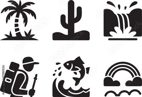 Outdoor adventure icons palm cactus waterfall fishing rainbow