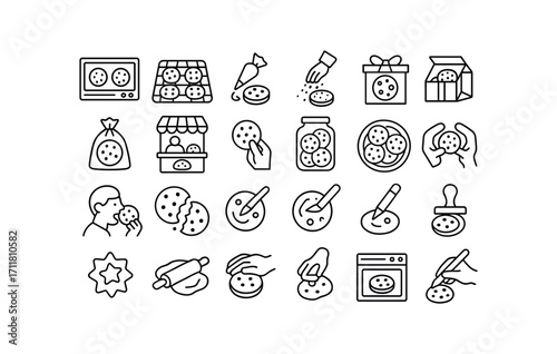 vector outline icons Cookies (Scenes) cookie baking cookie cooling cookie icing cookie sprinkling cookie gifting cookie boxing cookie bagging cookie selling cookie buying cookie storing.