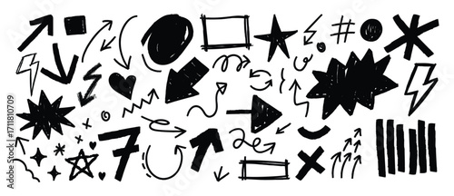 Graffiti doodle vector hand drawn black spray paint illustration with symbol, thunderbolt, arrow, star, speech bubble, heart, scribble lines,  ink splatter. Elements for banner, decoration, street art