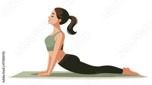 A digital illustration depicting a young woman with brown hair in a ponytail performing the Bhujangasana (Cobra Pose) on a light green yoga mat. The style is cartoonish or vector illustration with