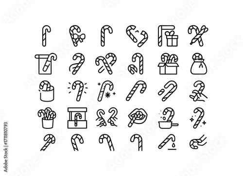 vector outline icons Candy Canes (Scenes) cane hanging cane tied cane broken cane gifted cane wrapped cane unwrapped cane stacked cane scattered cane boxed cane bagged cane spilling cane.