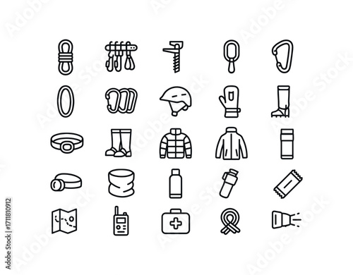 vector outline icons Waterfalls (Decorations) rope bag gear rack ice screw quick draw belay loop carabiner set helmet clip glove clip boot crampon gaiter pair puffy jacket shell jacket head.
