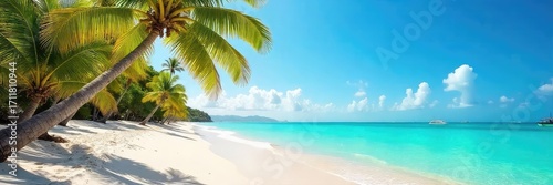 Sun-drenched sand, turquoise water, and the gentle sway of palm trees mark the peak of beach season Perfect for summer vacation imagery and travel brochures , nature, blue