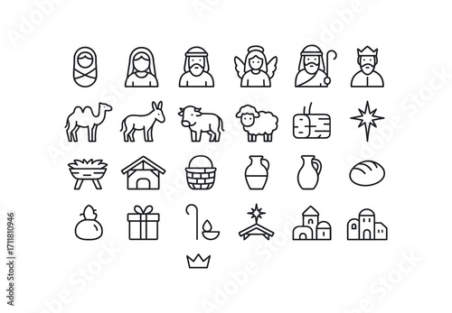 vector outline icons Nativity (Figures) baby figure mary figure joseph figure angel figure shepherd man wise man camel animal donkey animal ox animal sheep animal star symbol manger crib.