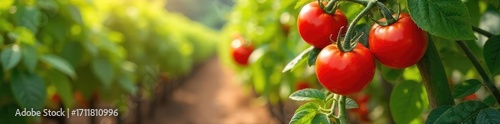Sun-drenched tomatoes ripening on the vine, alongside basil and oregano plants in a lush Italian food plantation Rows of vibrant vegetables thrive under the warm Tuscan sun , peppers, growth