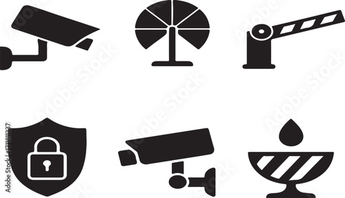 Security and access control icons collection including cctv and barriers vector icon set.