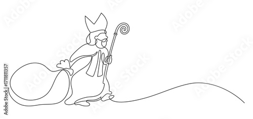 Saint Nicholas Day. St. Nicolas carries a bag of gifts. Continuous line drawing.