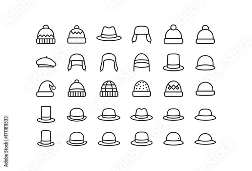 vector outline icons Hats (Types) wool hat knit hat felt hat fur hat beanie cap pom hat beret cap trapper hat ear flap ski cap red hat green hat white hat striped hat plaid hat dotted hat.