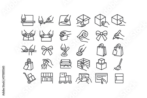 vector outline icons Wrapping Station (Scenes) paper measuring paper cutting paper folding box building box filling box closing tape pulling seam sealing ribbon measuring ribbon tying bow.