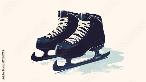 A digital illustration depicting a pair of dark blue ice skates. The skates are shown from a slightly elevated angle, with the blades resting on a light blue and white textured background