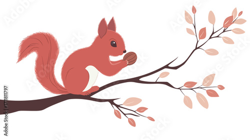 Digital illustration of a stylized red squirrel sitting on a tree branch, holding and eating a nut.  The squirrel is depicted in a cartoonish style with simplified features and a predominantly
