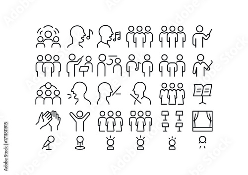 vector outline icons Choirs (Scenes) warmup hum pitch tuning note learning part dividing section lead conductor cue soft verse loud chorus harmony blend solo entry duet line trio line page.