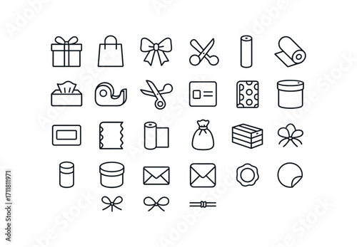 vector outline icons Gifts (Packaging) wrapped box gift bag ribbon bow paper roll tissue pack tape dispenser scissors pair tag stack name card foil wrap matte wrap pattern wrap plain wrap.