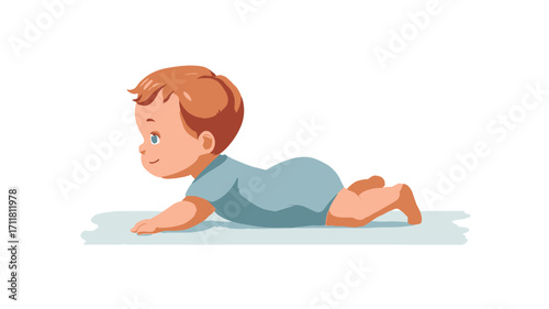 A digital illustration of a crawling baby boy. The baby has short reddish-brown hair and is wearing a light blue onesie.  The baby is shown in profile view, crawling on a plain white background.