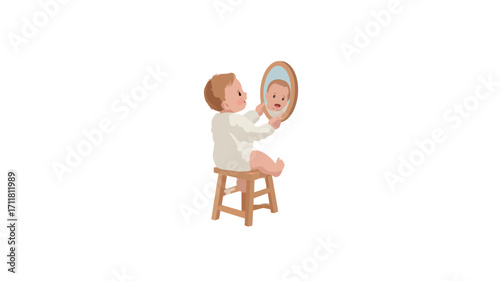 A digital illustration depicts a toddler, appearing to be a boy, sitting on a small wooden stool. The toddler is wearing light beige clothing and is holding a small, oval-shaped handheld mirror,