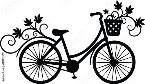 vintage bicycle with basket of fall flowers, swirling vines, silhouette vector