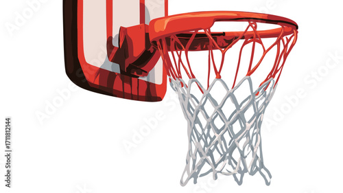 A close-up shot of a basketball hoop and net. The hoop is red, and the net is white. The image shows the detailed texture of the net and the rim. The background is blurred. The focus is sharp on