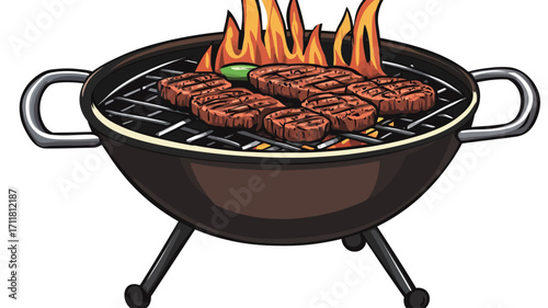 A vector illustration depicting a round charcoal grill with several pieces of grilled meat cooking on the grate.  The meat is brown and appears to be well-cooked.  Flames are visible beneath the