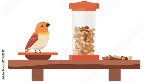 A digital illustration depicting a small orange and white bird perched on a small wooden platform.  Next to it is a transparent cylindrical container with an orange lid filled with light brown nuts