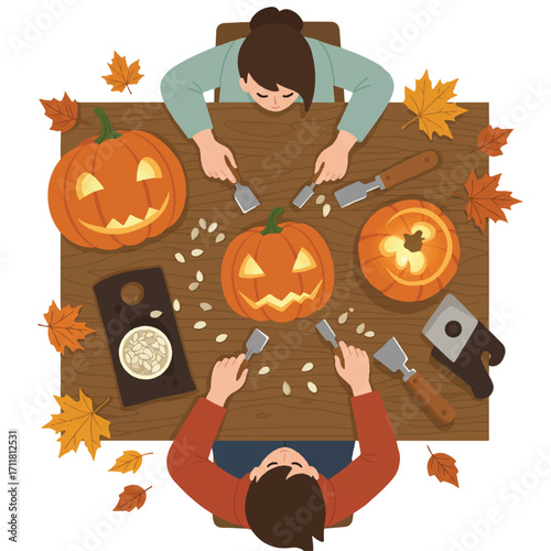 Two friends happily carve Halloween pumpkins at a wooden table, surrounded by tools, seeds, autumn leaves, and a glowing jack-o'-lantern, in a vibrant 2D flat vector style on white.
