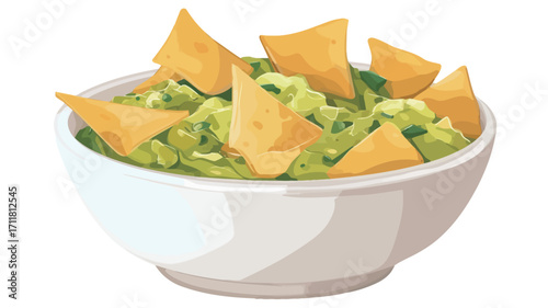 A digital illustration depicting a white bowl filled with guacamole and several golden-brown tortilla chips. The guacamole is a vibrant green and appears chunky in texture. The tortilla chips are