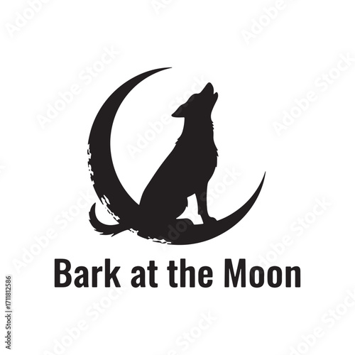 Silhouette dog howling at crescent moon with text bark at the moon logo