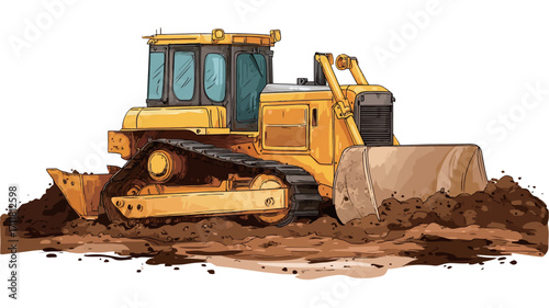 Illustration of a yellow bulldozer, viewed in a three-quarter perspective, pushing a pile of brown dirt. The bulldozer is shown in motion, its tracks slightly submerged in the soil.