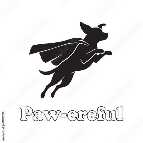Superhero dog silhouette flying with cape and paw-erful text design