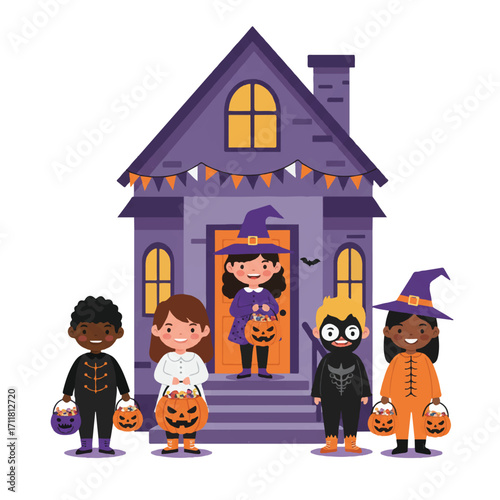 Joyful children dressed as a witch, superhero, and ghost gather candy buckets on a decorated doorstep with a glowing jack-o'-lantern; a festive Halloween vector illustration.