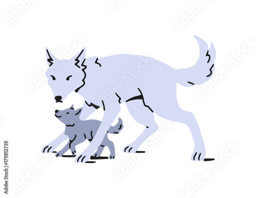 Happy family of polar wolves walks together. Cute north animals: mother and little cub stroll. Fluffy mom loves and cares about her baby puppy. Flat isolated vector illustration on white background